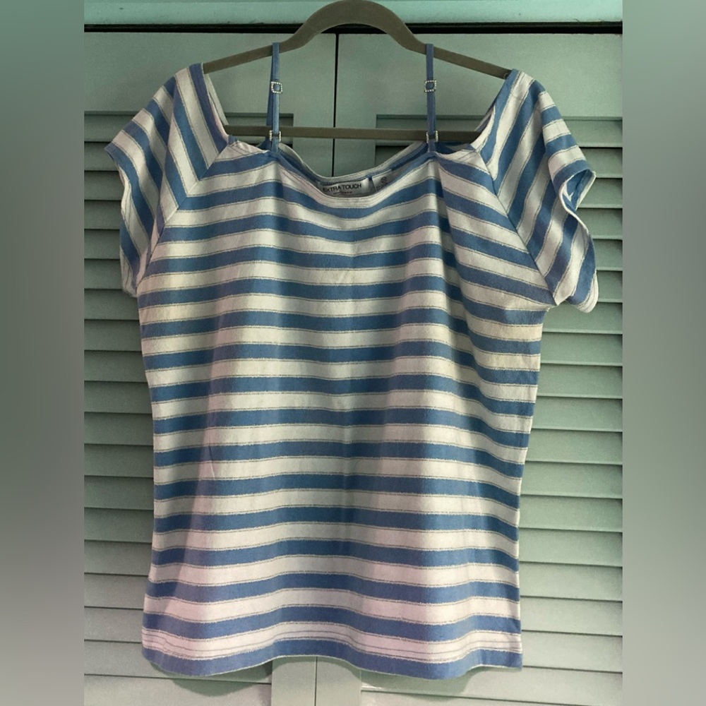 Extra Touch Sportswear Blue and White Striped Short Sleeve Tee